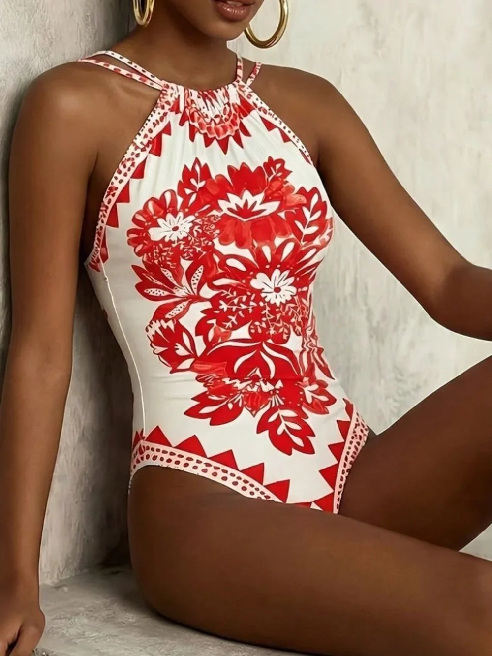 Red Sexy Women's One-Piece Bohemian Floral Print Backless Swimsuit